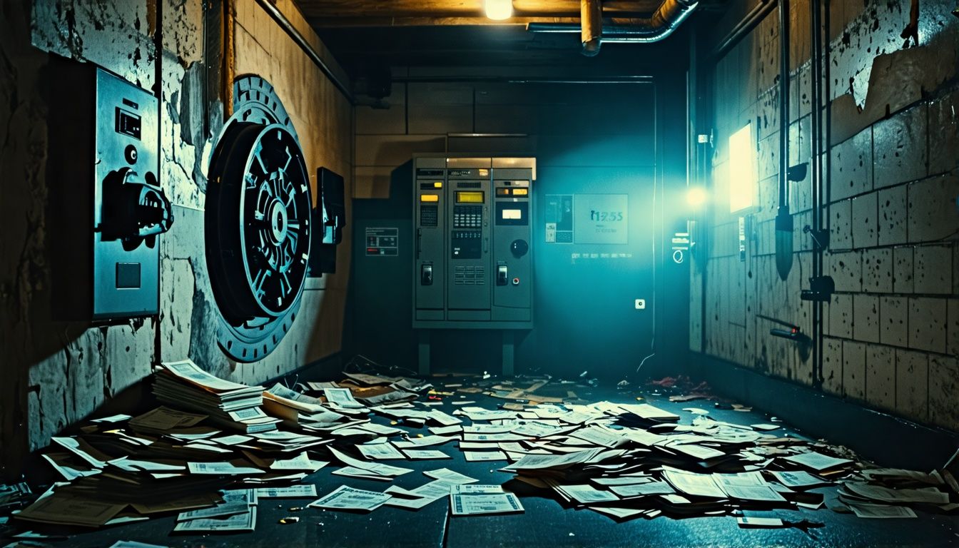 Une photo d'un coffre-fort abandonné avec des équipements bancaires obsolètes. Une photo d'un coffre-fort abandonné avec des équipements bancaires obsolètes.